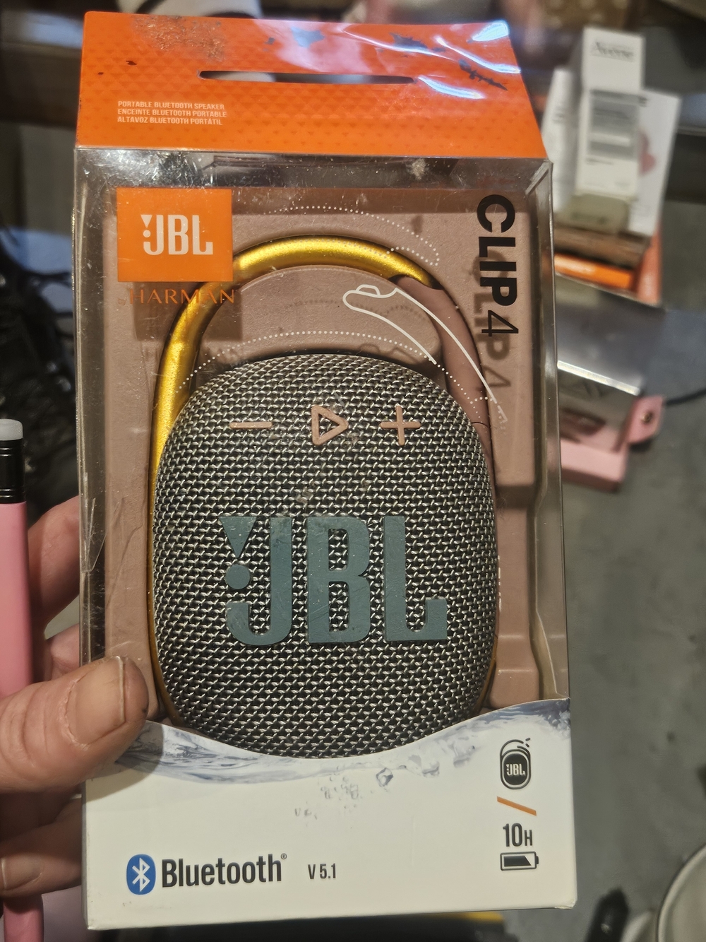 JBL Clip 4 Portable Bluetooth Speaker - Gray with Yellow Carabiner